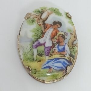 * vintage Limoges signed porcelain handpainted courting couple brooch cameo pin